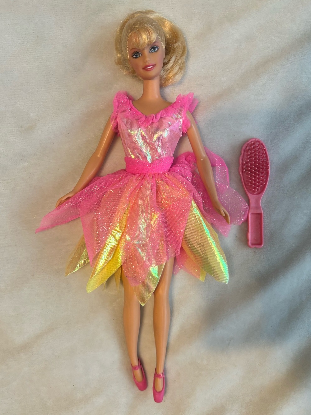 Barbie Pink and Yellow Iridescent Fairy Dress with Brush